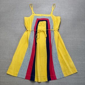 Allihop Striped yellow cotton/linen patchwork boho hippie sundress tie waist Lg